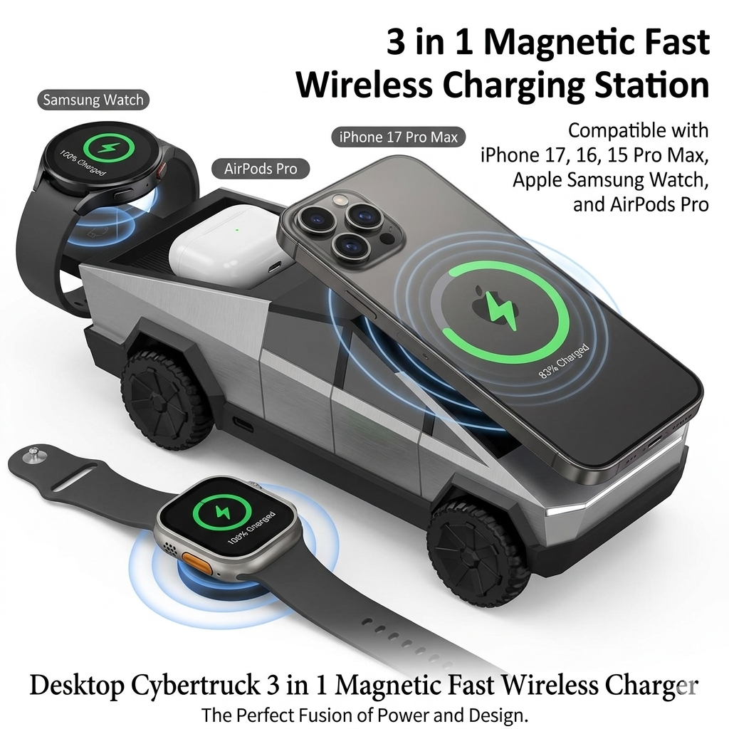 Desktop Cybertruck 3 in 1 Magnetic Fast Wireless Charger Phone Stand for Iphone 17 16 15 Pro Max Apple Samsung Watch Airpods Pro