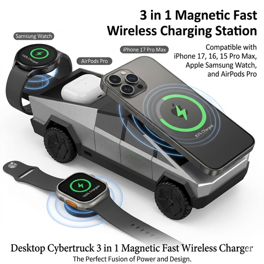 Desktop Cybertruck 3 in 1 Magnetic Fast Wireless Charger Phone Stand for Iphone 17 16 15 Pro Max Apple Samsung Watch Airpods Pro