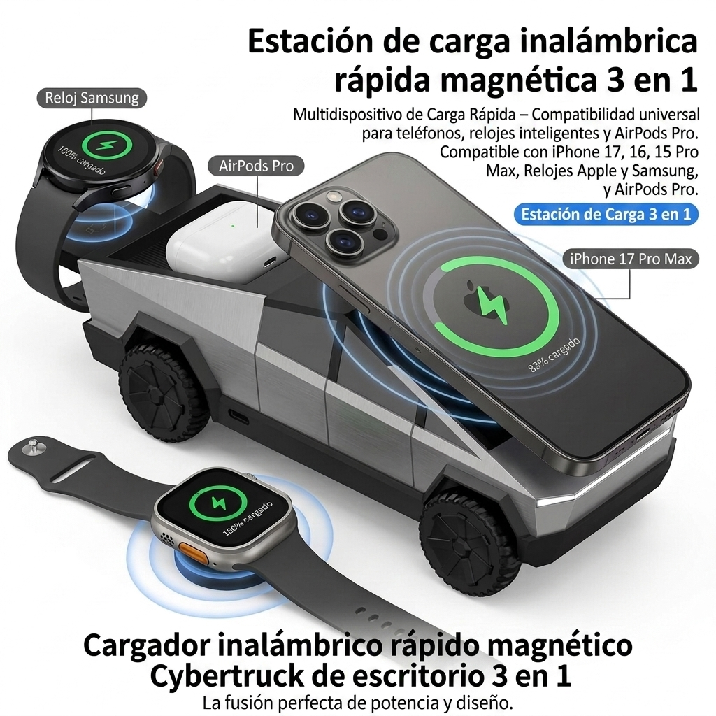 Desktop Cybertruck 3 in 1 Magnetic Fast Wireless Charger Phone Stand for Iphone 17 16 15 Pro Max Apple Samsung Watch Airpods Pro