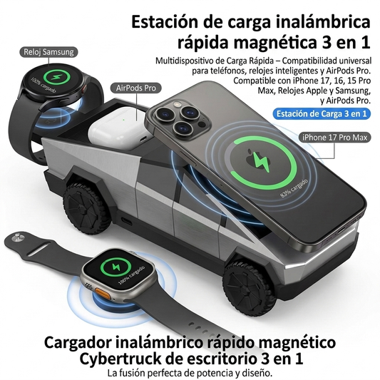 Desktop Cybertruck 3 in 1 Magnetic Fast Wireless Charger Phone Stand for Iphone 17 16 15 Pro Max Apple Samsung Watch Airpods Pro