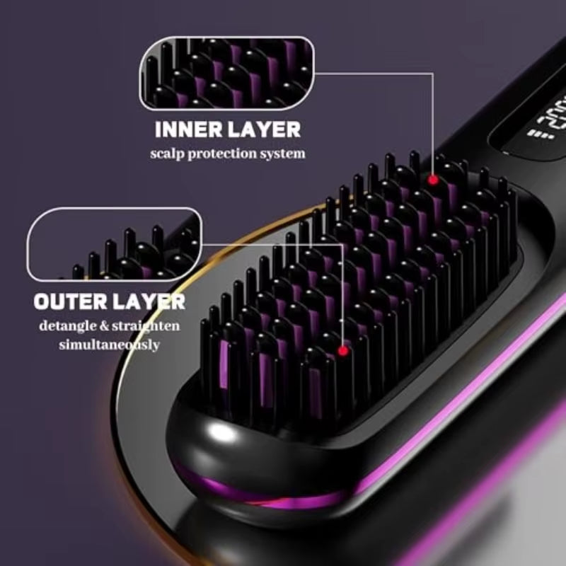 Upgrade Portable Straightener Brushs for Travel with LCD Temperature Display Fast Heating Cordless Mini Hair Brushs for Women